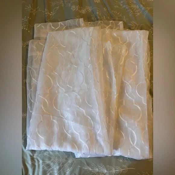 Sheer White Decorative Window Panels with Geometric Embroidery - 2 panels - Picture 1 of 1